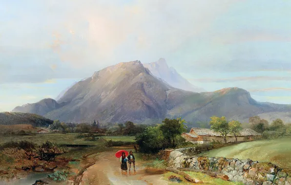 Road, Mountains, People, Picture, Austrian landscape painter, Anton Hansh, Anton Hansch, Landscape with pedestrians