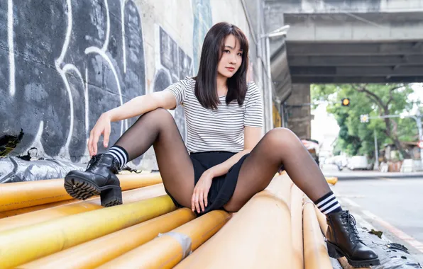Picture look, mini skirt, Asian, look, asian, seductive pose, spread legs, sexy brunette