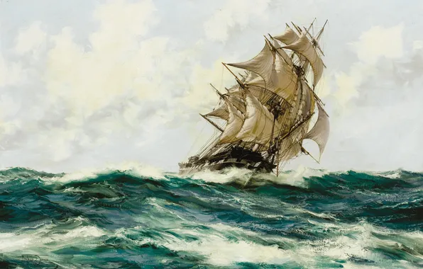 Sea, wave, sailboat, Montague Dawson