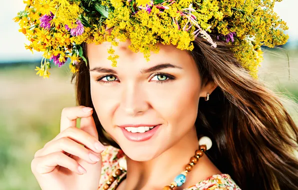 Picture field, girl, nature, earrings, beads, brown hair, wreath, wildflowers