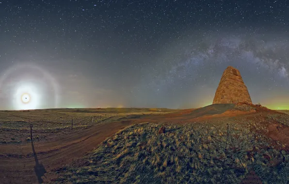 Picture the sky, stars, the city, lights, shadow, The moon, The milky way, Wyoming