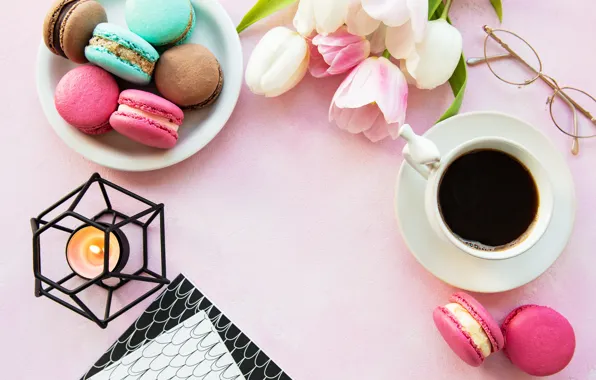 Picture colorful, tulips, pink, tulips, coffee cup, macaroons, macaron, a Cup of coffee