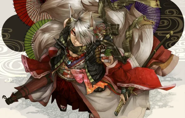 Fox, katana, umbrella, scarf, tail, The demon, kimono, amulet
