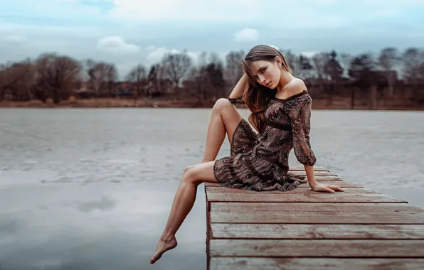 Picture girl, pose, lake, model, portrait, dress, legs, sexy