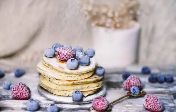 Berries, raspberry, food, blueberries, pancakes, delicious, powdered sugar, pancakes