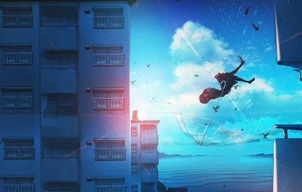 Girl, the city, umbrella, falls