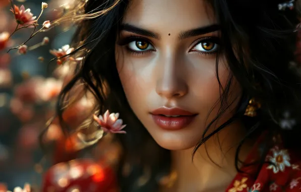 Look, girl, flowers, portrait, brunette, beauty, bokeh, brown eyes