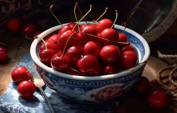 Light, cherry, berries, the dark background, table, bowl, cherry, AI art