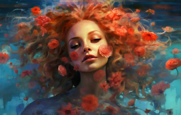 Girl, flowers, face, image, digital art, AI art, neural network, the art of artificial intelligence