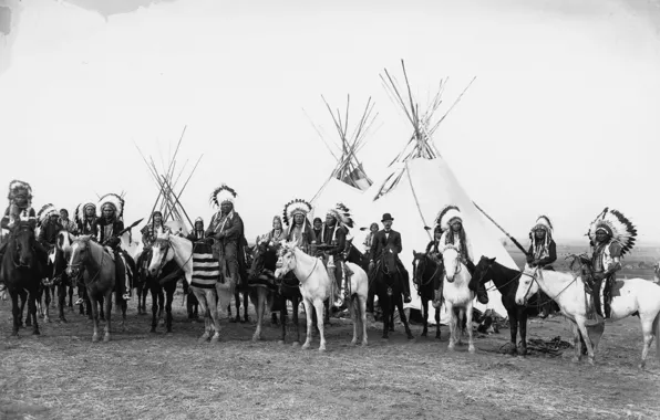 Retro, photo, feathers, horse, black and white, The Indians, wigwam, vintage