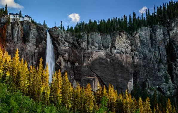 Autumn, the sky, trees, mountains, rocks, waterfall, home