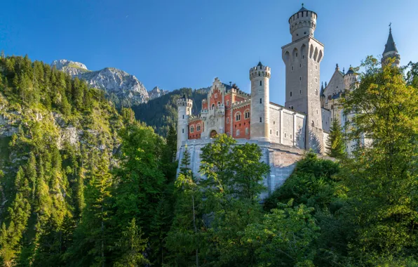 Forest, mountains, castle, Germany, Bayern, Germany, Bavaria, Neuschwanstein Castle