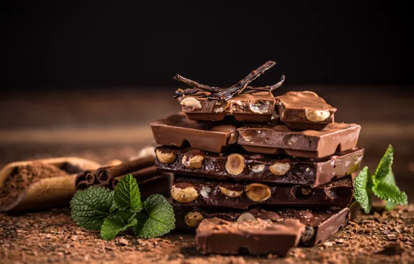 Chocolate, nuts, mint, tiles, cocoa