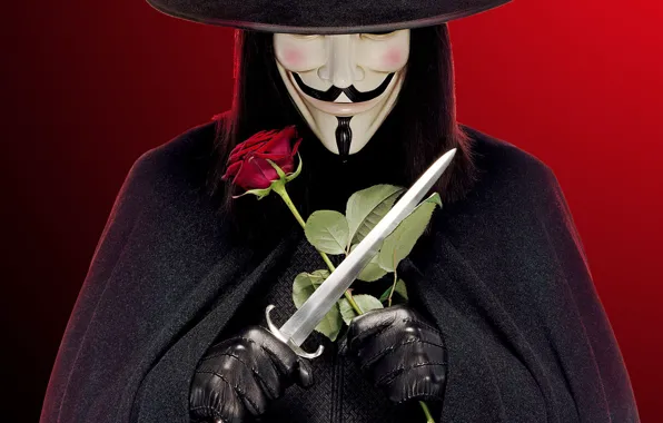 Picture rose, hat, gloves, dagger, black background, cloak, red background, V for Vendetta