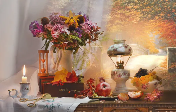 Picture autumn, leaves, flowers, apples, lamp, candle, grapes, pitcher