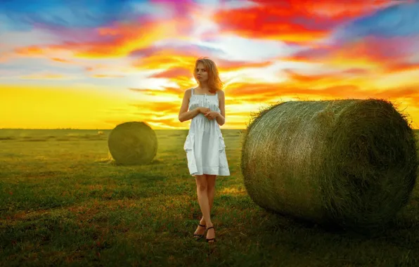 The sky, grass, girl, light, dress, hay, Andrey Metelkov, Andrey Metel'kov