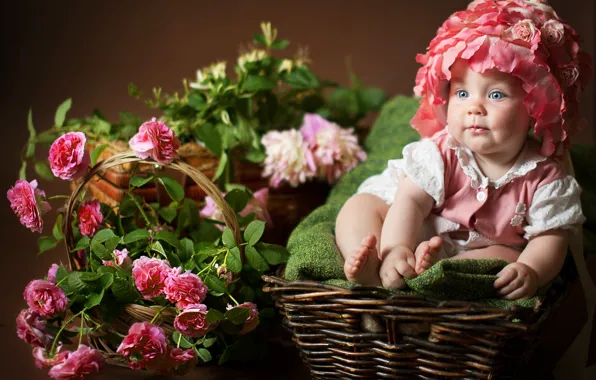 Flowers, children, roses, baby, girl, child, basket, Anna Levankova