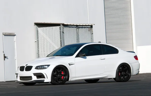 White, building, BMW, coupe, BMW, the door, white, side view