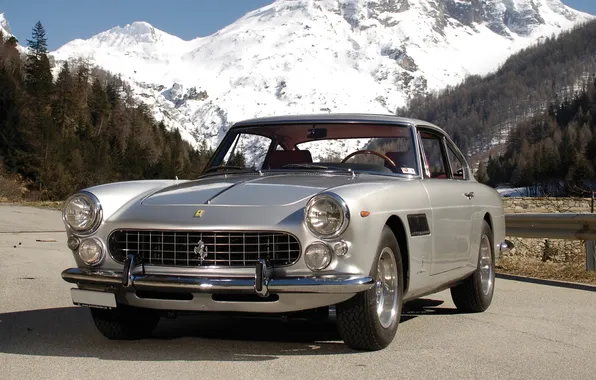 Road, forest, snow, mountains, silver, Ferrari, 1960, Ferrari