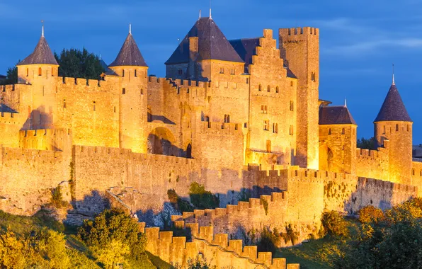 Picture the sky, castle, wall, tower, hill, fortress, France, Carcassonne