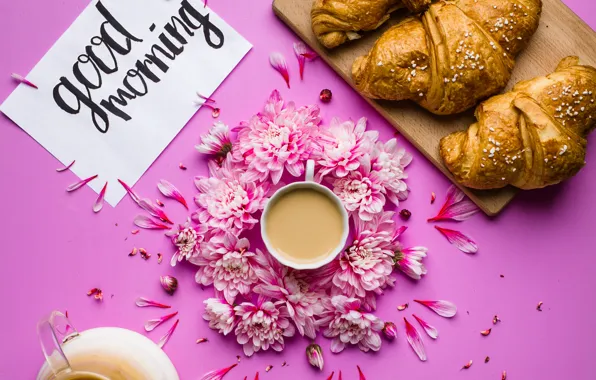 Picture flowers, coffee, Breakfast, petals, chrysanthemum, pink, flowers, cup