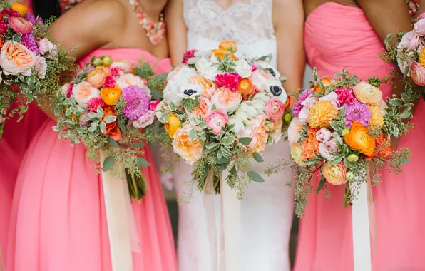 Flowers, dress, the bride, wedding, bouquets, girlfriend