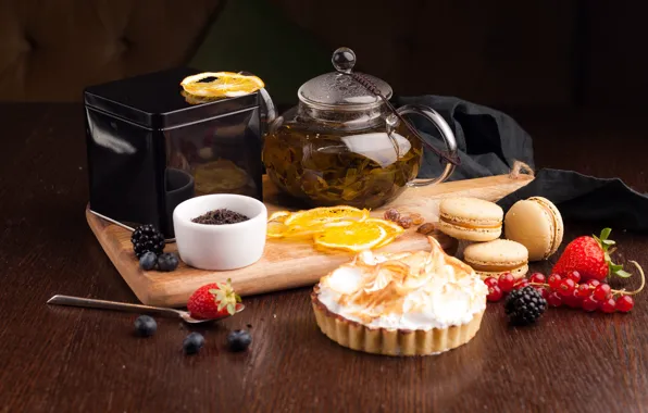 Berries, tea, kettle, cookies, the tea party, cream, tartlet, macaroon