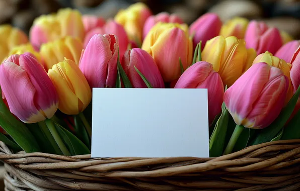 Flowers, paper, bouquet, spring, yellow, tulips, pink, basket