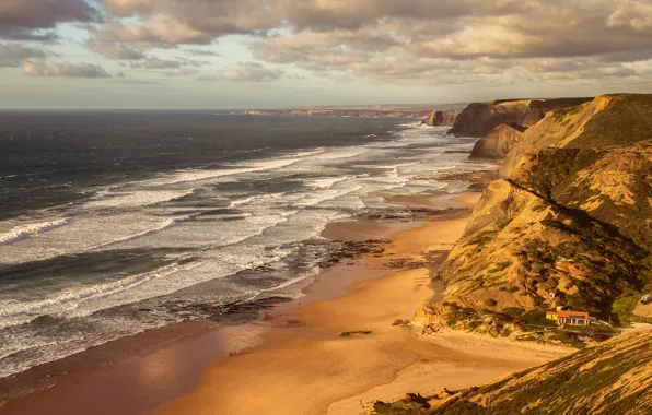 Sea, wave, beach, clouds, light, mountains, rocks, hills