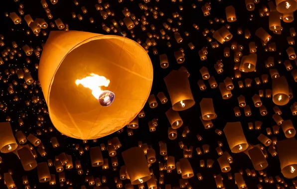 Picture the sky, night, fire, a lot, sky lanterns