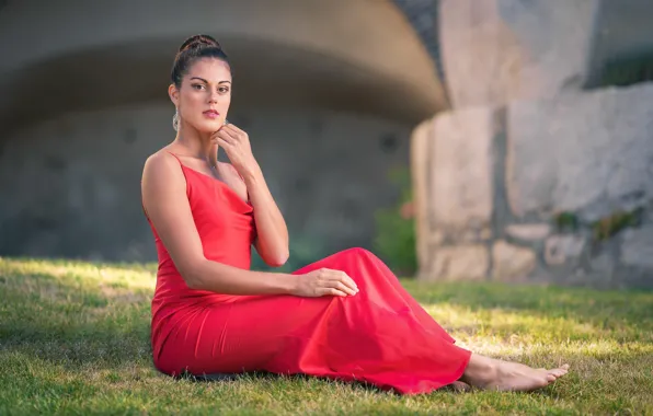 Picture look, girl, red, dress, sitting, bokeh, barefoot, Chloe