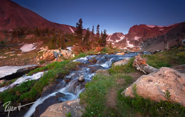 The sky, mountains, nature, stream, stones