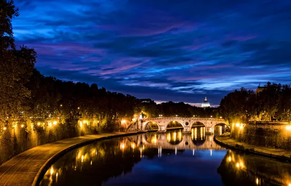 Trees, night, bridge, lights, river, Rome, lights, Italy