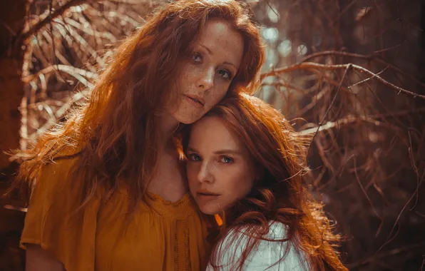 Branches, girls, freckles, sisters, bokeh, sisterhood