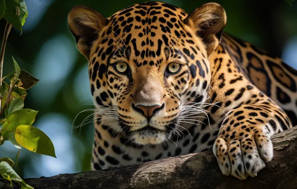 Look, face, leaves, paw, portrait, Jaguar, log, AI art