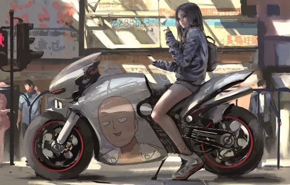 Girl, art, motorcycle, One-Punch Man, Wlop