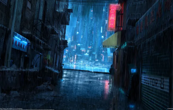 Picture night, the city, rain, Akimov Mikhail, Mikhail Akimov