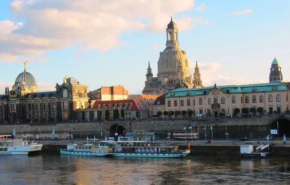 The sky, clouds, river, ship, home, Germany, Dresden, the dome