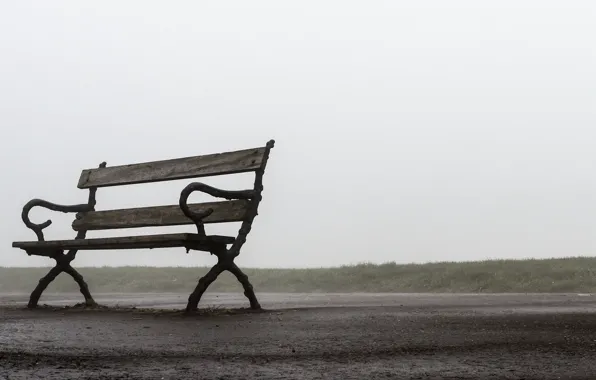 Road, fog, bench