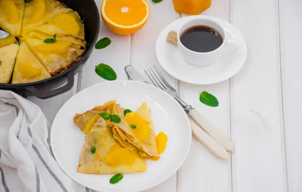 Coffee, oranges, Breakfast, Cup, pancakes, slices
