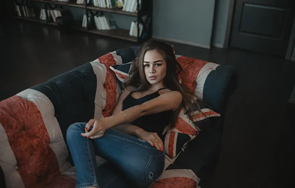 Ass, pose, sofa, model, hair, Girl, jeans, Victoria Rusko