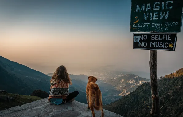 Girl, mountains, sign, dog, Exploring Triund