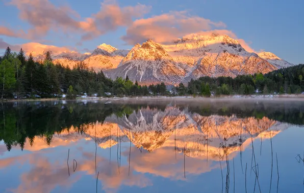 Forest, the sky, clouds, snow, mountains, lake, reflection, rocks