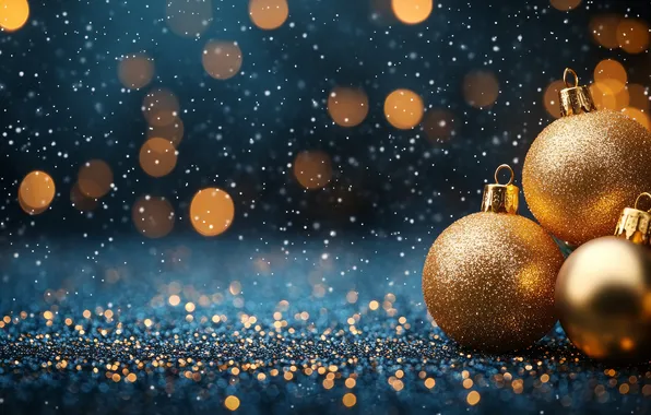 Balls, lights, Shine, sequins, Christmas, New year, snowfall, gold