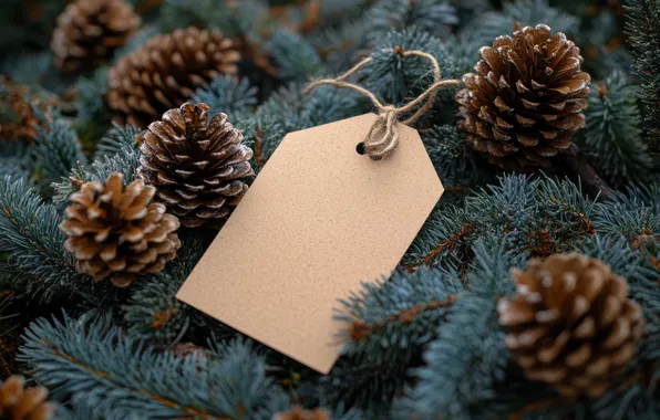 Branches, texture, Christmas, New year, cardboard, needles, bumps, tag