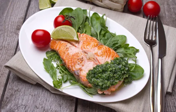 Fish, lime, tomato, salmon, steak, spinach