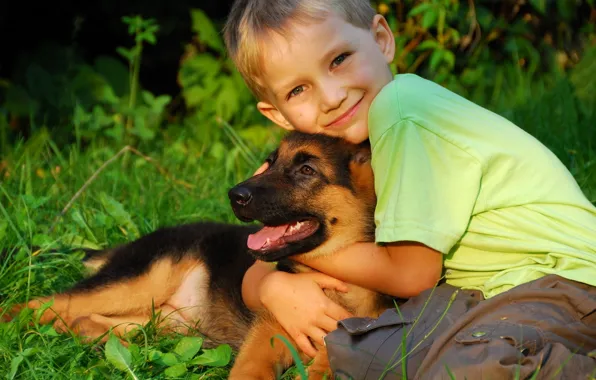 Picture each, child, dog, boy, puppy, friends, hugs