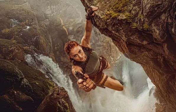 Picture look, water, mountains, weapons, figure, art, Tomb Raider, the series