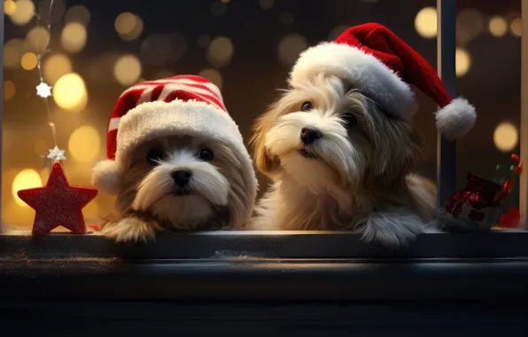 Dogs, look, lights, dog, Christmas, gifts, New year, a couple