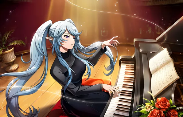 Picture long hair, anime, flowers, plan, sitting, musical instrument, blue hair, crowds